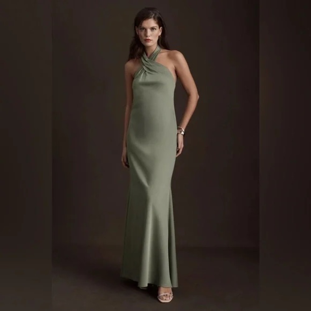 BHLDN- Ruby Twist Halter Satin Gown in moss green.